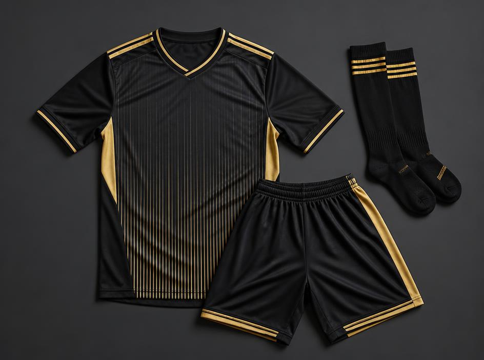 Uniforme de futebol preto e dourado