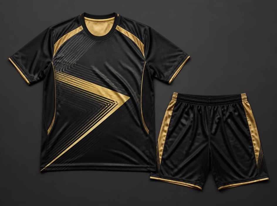 Uniforme de futsal preto e dourado
