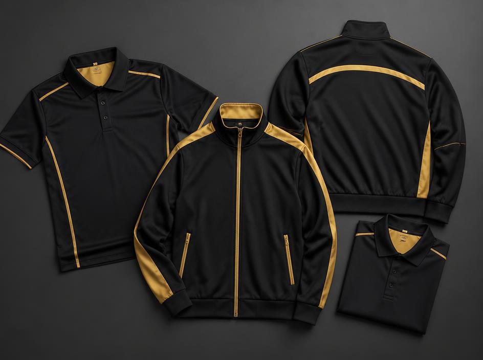 Uniformes corporativos esportivos pretos e dourados